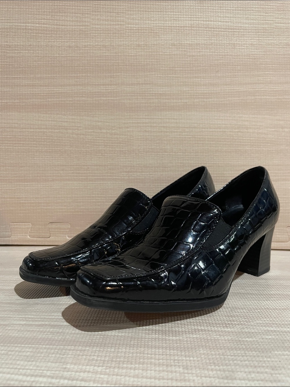 Black Croc-Embossed Block Heel Loafers - Women's